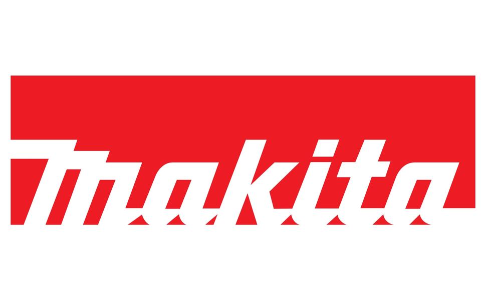 Logo de la société Makita en texte blanc sur fond rectangulaire rouge