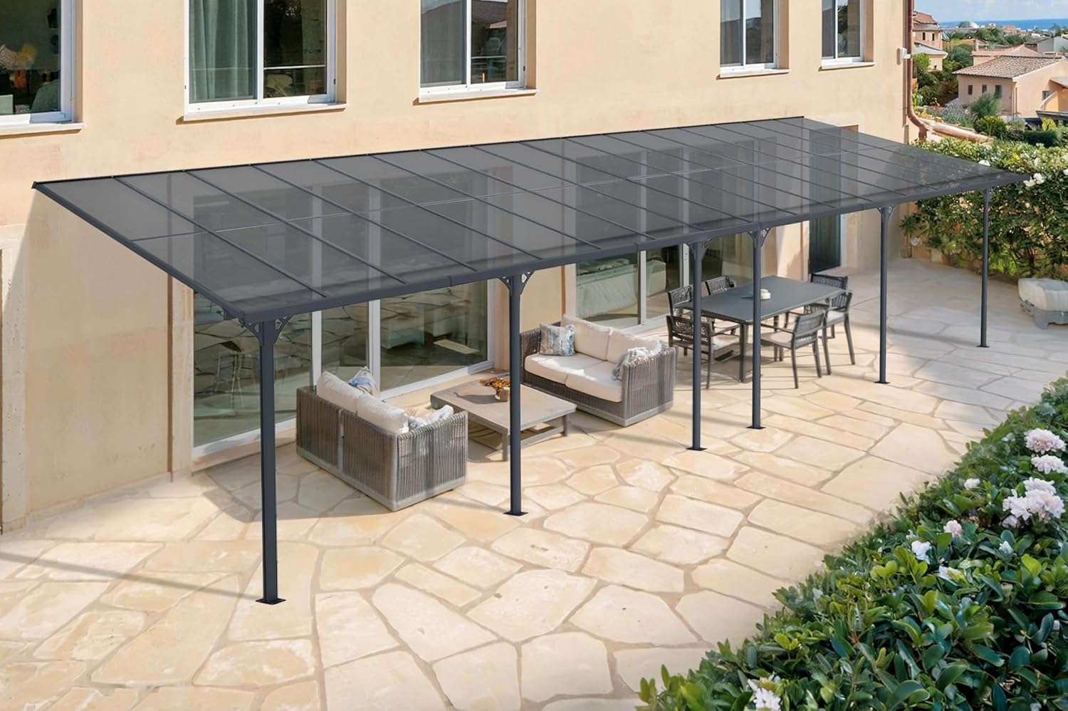 CAZEBOO Carport Pergola Adossée Aluminium KLEO 990x300 cm 10x3 m 30 m² Gris Anthracite Design Moderne Protection Terrasse Véhicules Résistant Anti-UV Haute Qualité Toit Polycarbonate UV30+