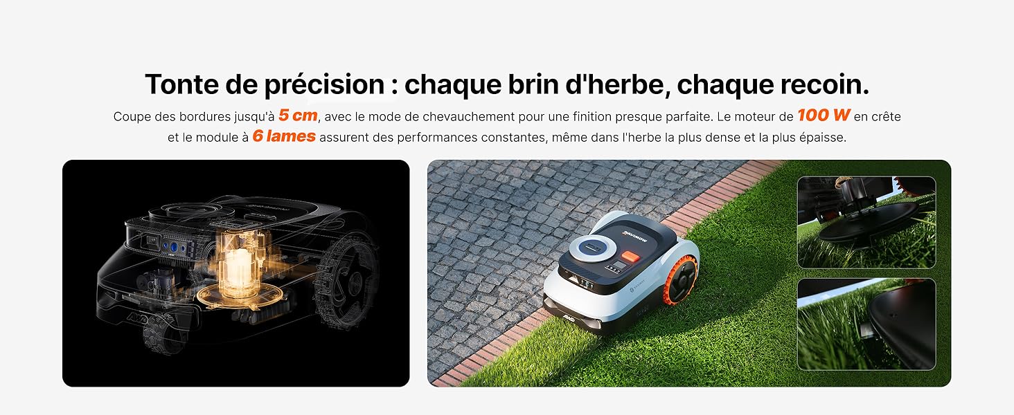 Le texte se lit comme suit : « Toute de précision : chaque litre d'huile, chaque recoin ». Deux photos de démonstration de produits montrant des tests de résistance à l'eau et l'application d'une technologie de protection sur gazon extérieur.