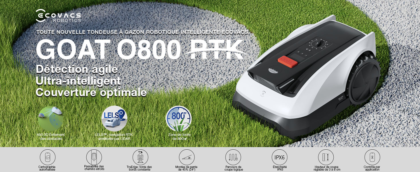 sur gazon. Forme ovale avec bouton rouge. Les caractéristiques incluent un fonctionnement ultra-intelligent, une couverture optimale et une recharge automatique. Nom du produit : GOAT 0800 RHK