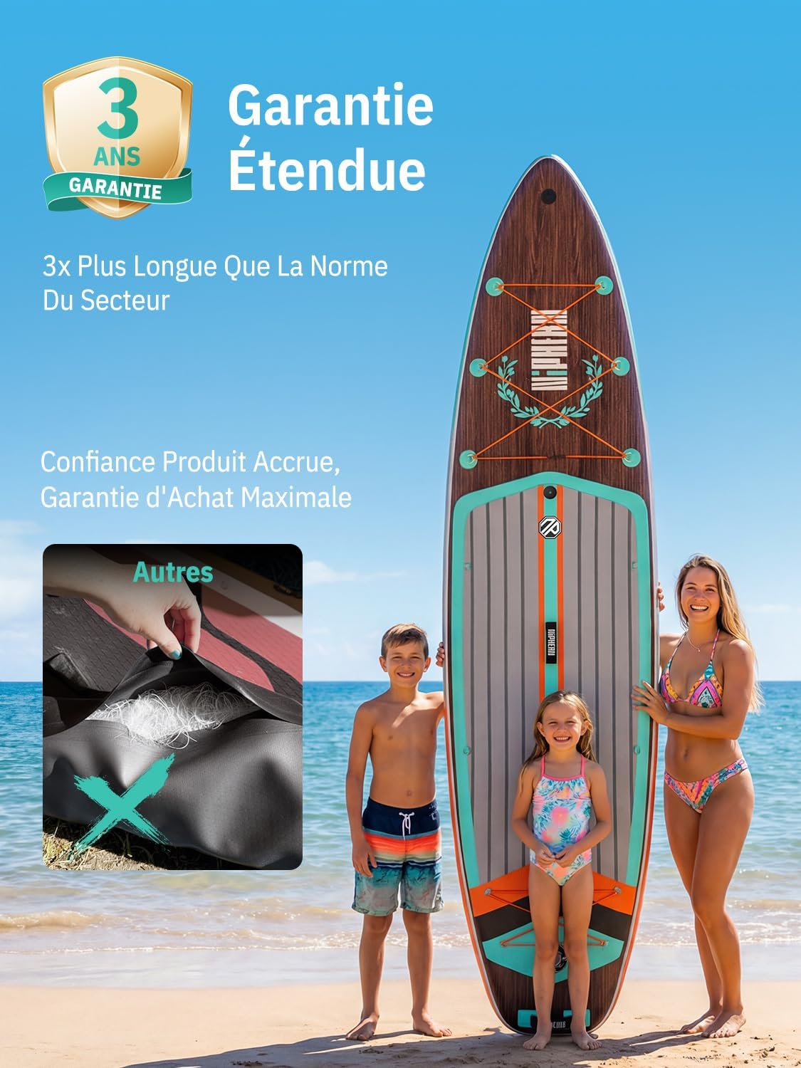 Niphean Extra Large Paddle Gonflable, Sup à 2+1 Personnes/Famille, Planches de Stand Up Paddle Gonflables avec (Idéal Débutant) Aileron Équilibré, Housse Étanche, Paddle Gonflable Adulte, Cadeaux