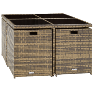 Séquence montrant des boîtes de rangement en tissu brun ou en rotin avec garniture foncée, présentées sous différents angles.