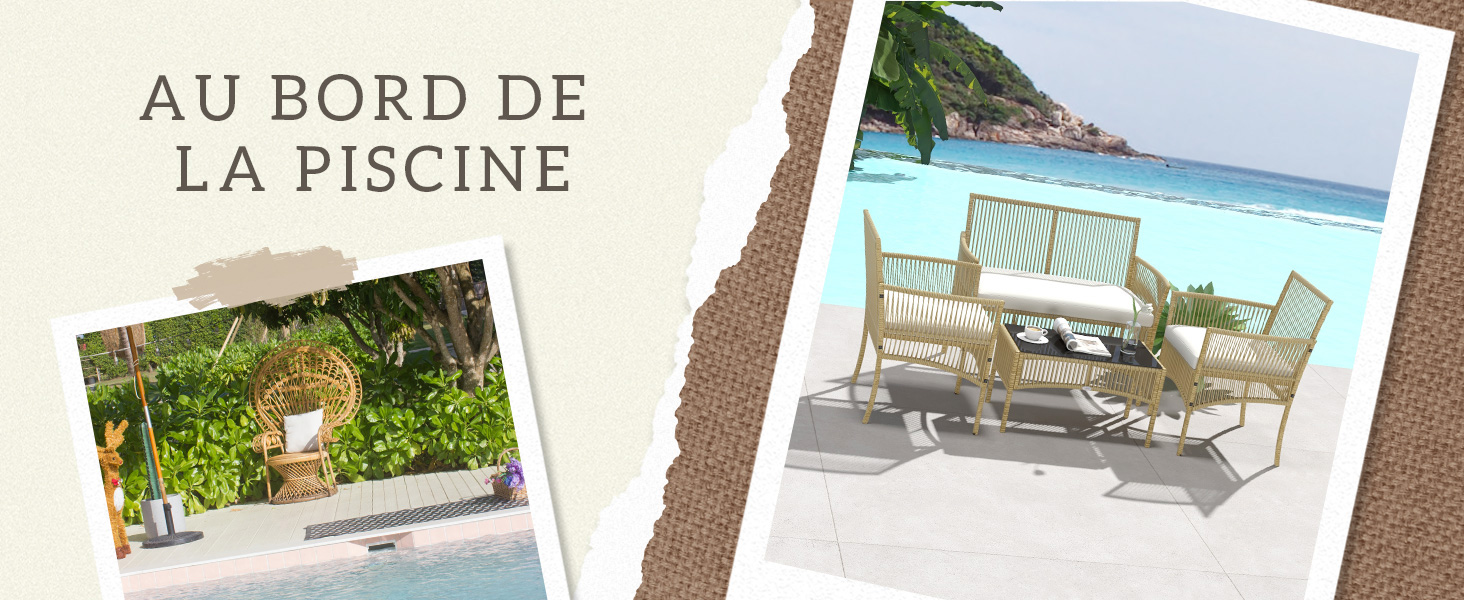 comprenant un banc en bois et des chaises au bord d'une piscine, avec une image plus petite d'une chaise de jardin dans un cadre luxuriant.