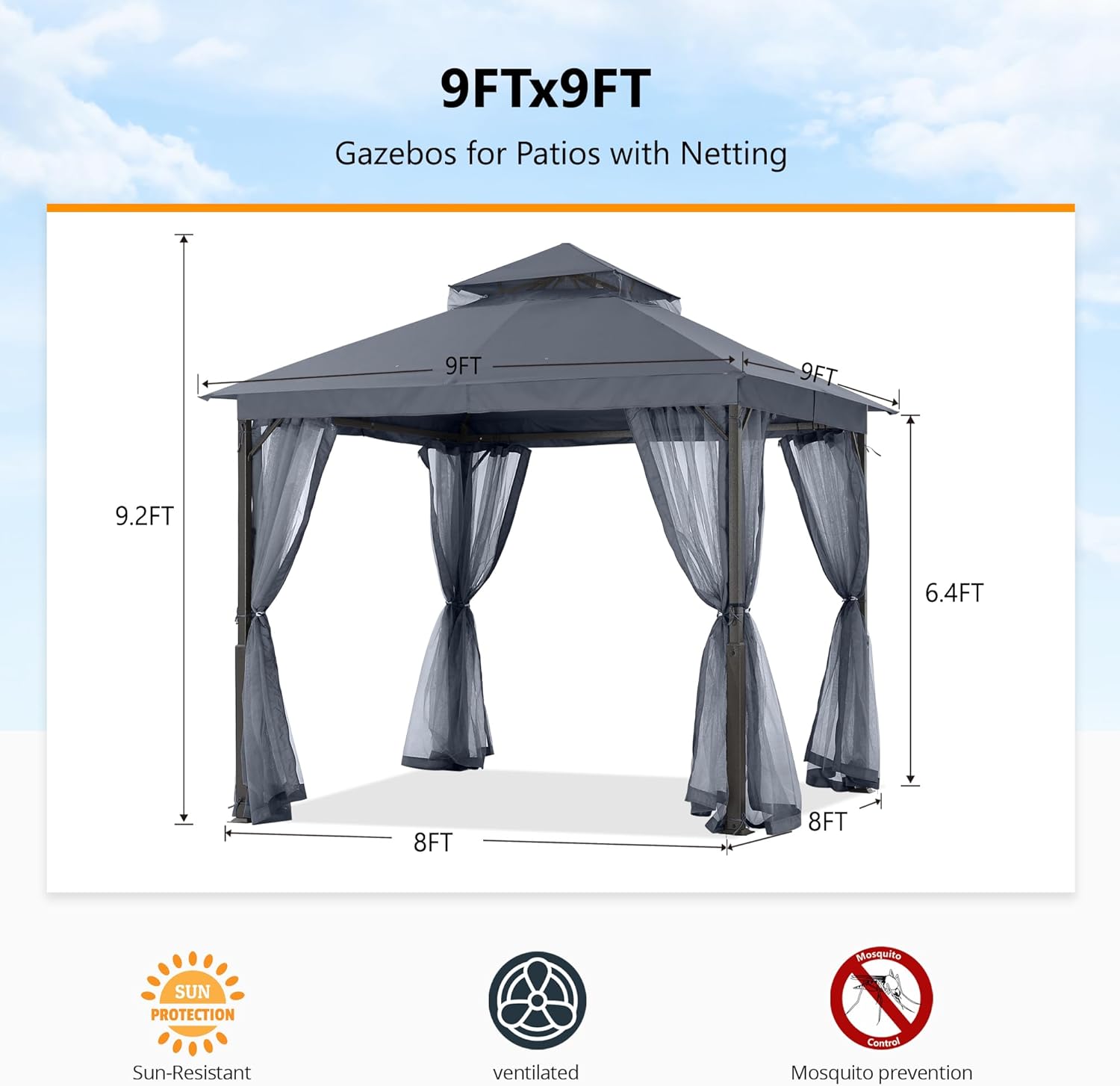 ABCCANOPY - Tonnelle extérieure double toit - 229 x 227 cm - moustiquaire, rideaux, gris foncé