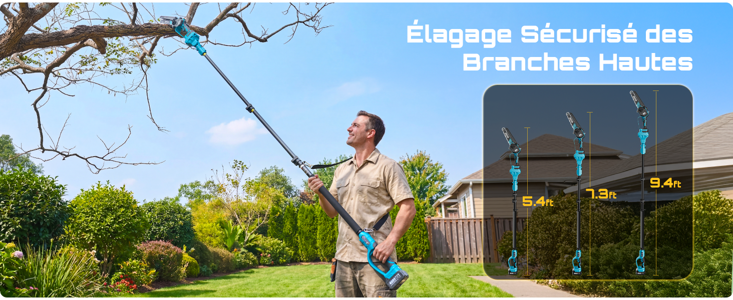 Le texte se lit comme suit : « Élégance Sécurisée des Branches Hautes ». Homme installant ou ajustant un écran de protection sur une branche d'arbre extérieure.