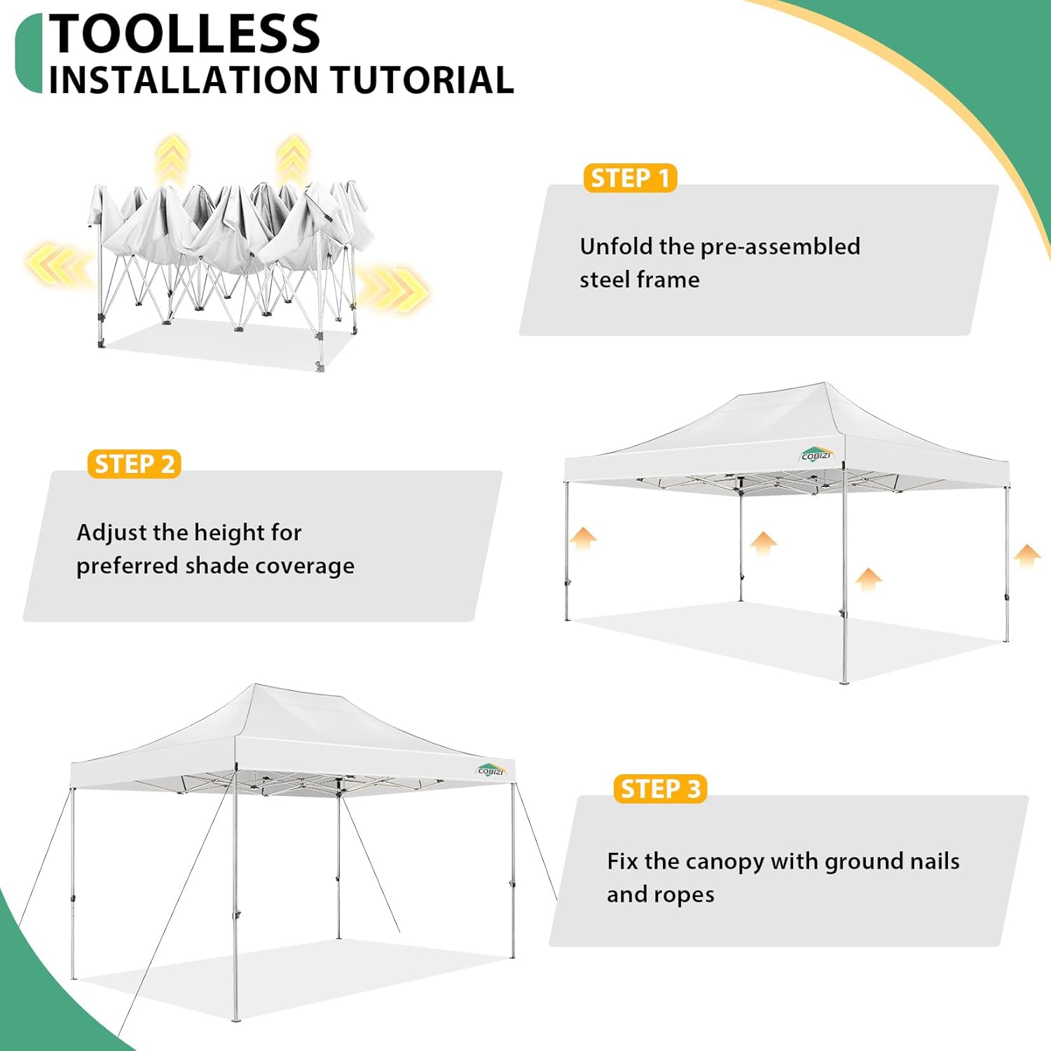 COBIZI - Tonnelle Pliante 3x4.5m - étanche, UV50+, cadre épais