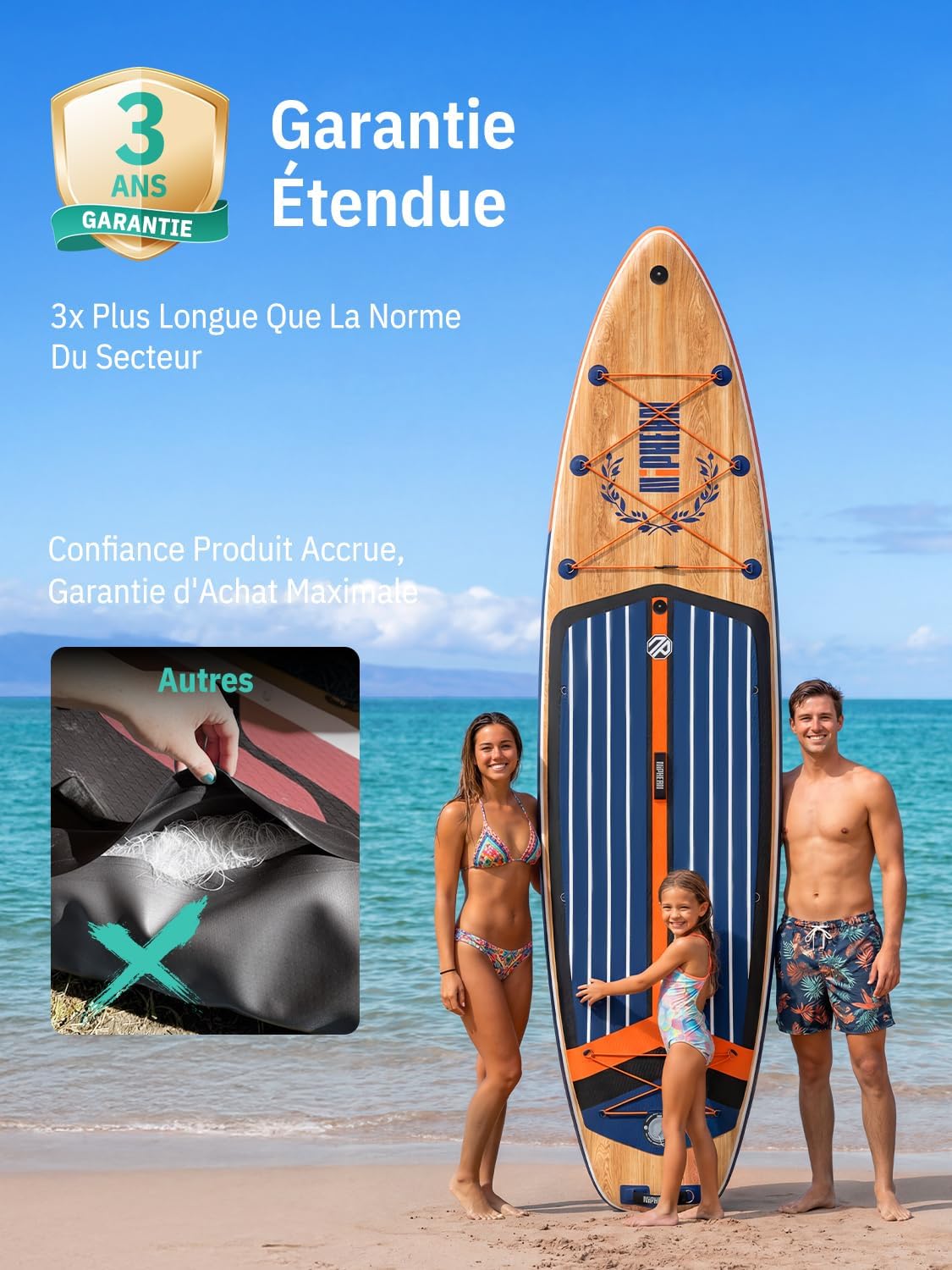 Niphean Extra Large Paddle Gonflable, Sup à 2+1 Personnes/Famille, Planches de Stand Up Paddle Gonflables avec (Idéal Débutant) Aileron Équilibré, Housse Étanche, Paddle Gonflable Adulte, Cadeaux