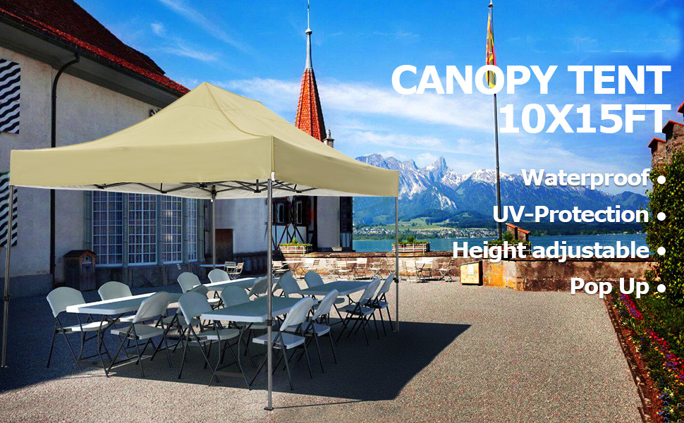 10x15 pieds en beige, présentée à l'extérieur. Les caractéristiques comprennent un matériau imperméable, une protection UV, un réglage en hauteur et un design escamotable pour une installation facile