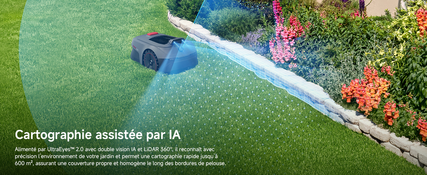 Le texte se lit comme suit : « Cartographie assistée par l'A ». L'image montre une pelouse verte avec une ligne de corde bleue et blanche marquant les limites d'un jardin paysager.