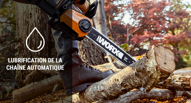 Tronçonneuse 40V Worx : lubrification automatique de la chaîne