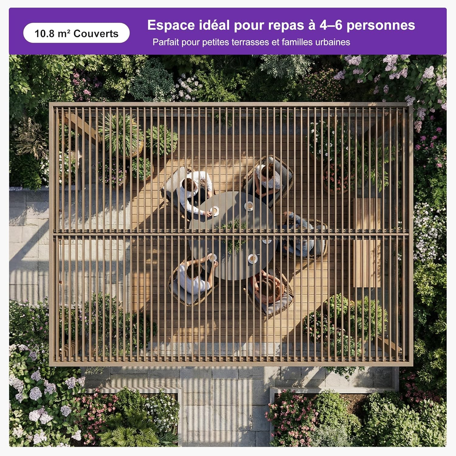 PURPLE LEAF - pergola bioclimatique LED - 3x3,65m - alu, lames orientables, étanche