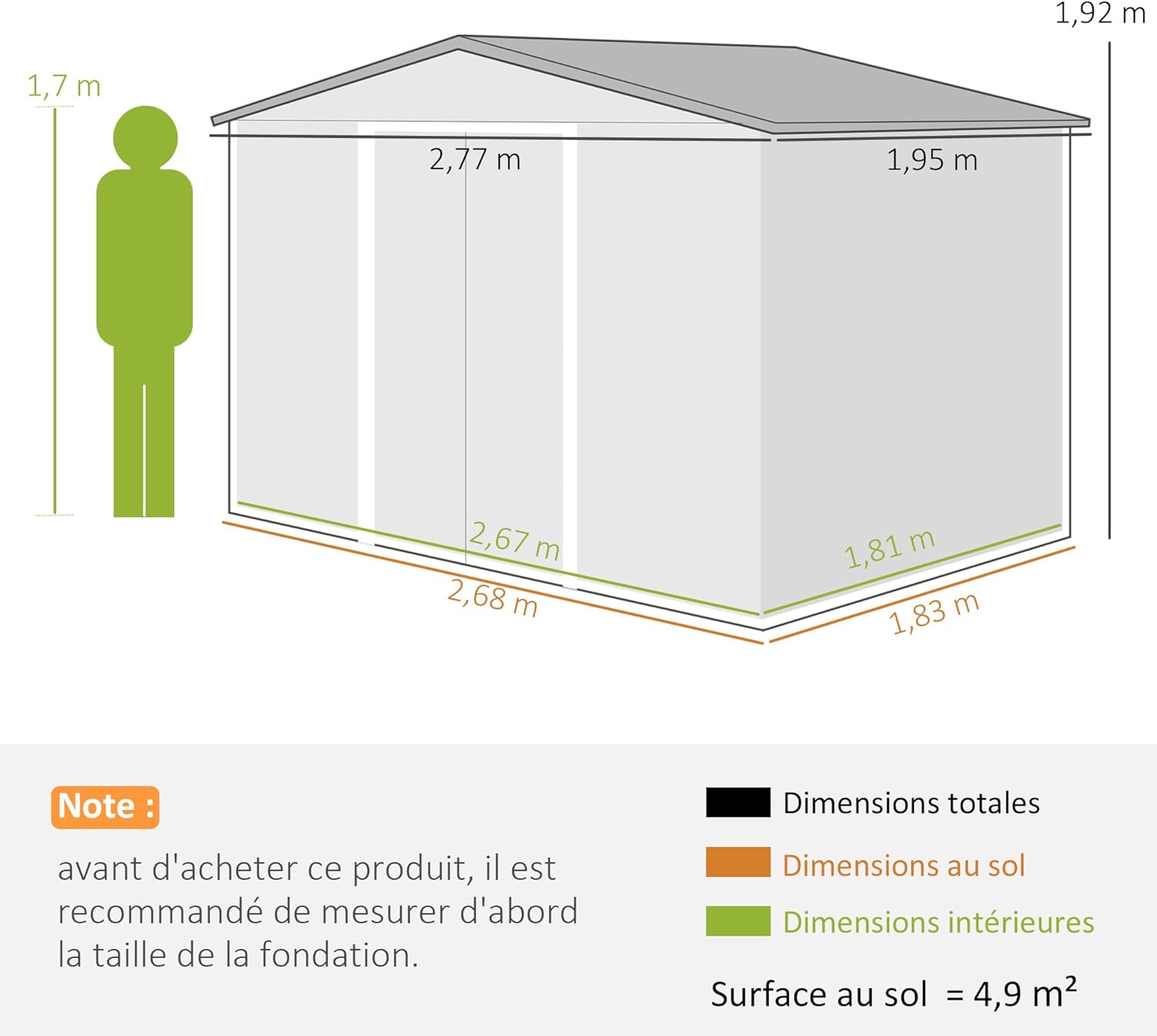 Outsunny Abri de Jardin en Acier galvanisé XXL 5,4 m² avec kit de Fondation 277x195x192cm, cabane de Jardin Toit en Fibre de Verre, cabanon Rangement Outils Portes coulissantes 4 aérations Gris