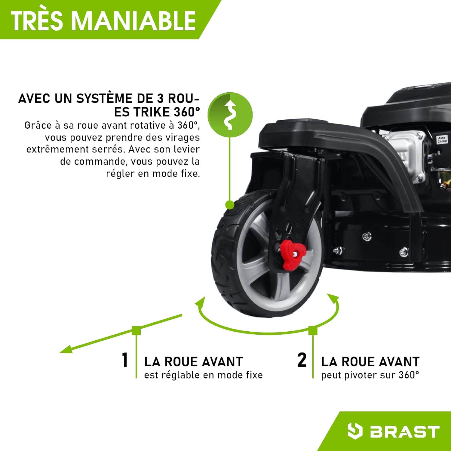 BRAST tondeuse thermique 3 roues TRIKE ESTART SPEED 224cc 53cm tractée démarrage électrique vitesse d'entraînement triple réglable mulching 4en1 capot en tôle en acier 60l - moteur 4 temps reglable
