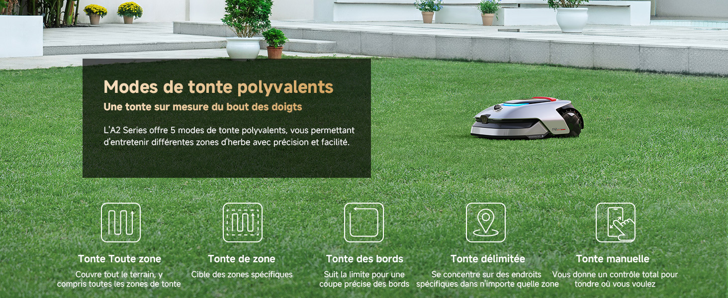 Le texte indique « Modos de corte más eficiente » avec un sous-titre espagnol sur les modes de découpe. Tondeuse à gazon robotique sur gazon vert avec quatre icônes montrant différentes options de coupe en bas.