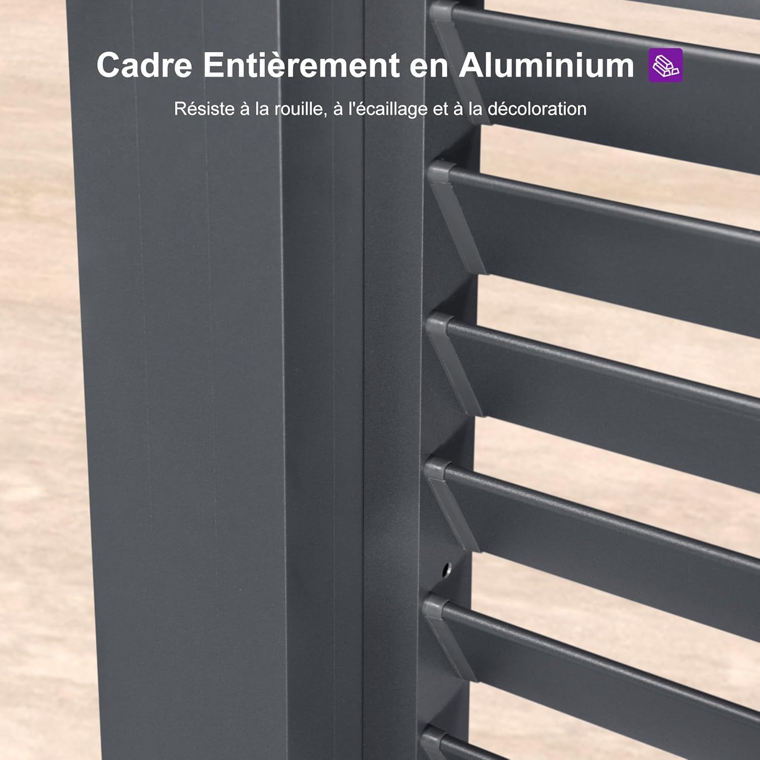 PURPLE LEAF - Pergola bioclimatique 6x3,68m alu, lames orientables, persienne fixe