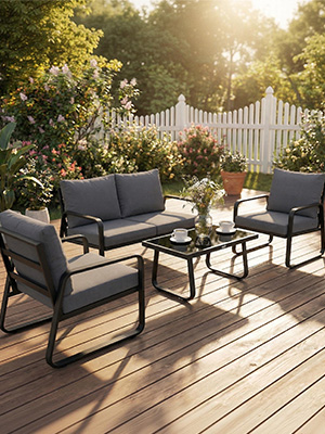 Ensemble de meubles de patio d'extérieur comprenant des sièges de couleur foncée sur une terrasse en bois, photographiés à la lumière naturelle du soleil.