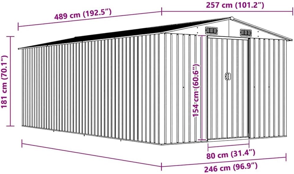 vidaXL Abri de Jardin 257x489x181 cm Métal Anthracite Terrasse Cabane à Outils