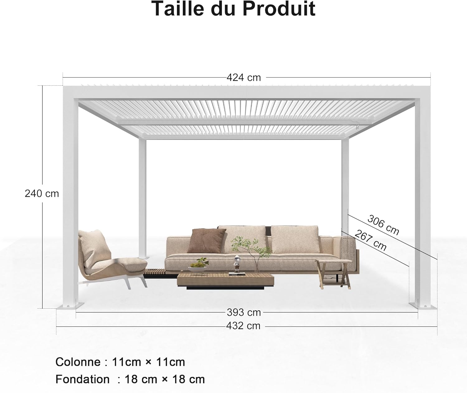 PURPLE LEAF - Pergola Bioclimatique - 4,24x3m - Aluminium, lames orientables, blanc