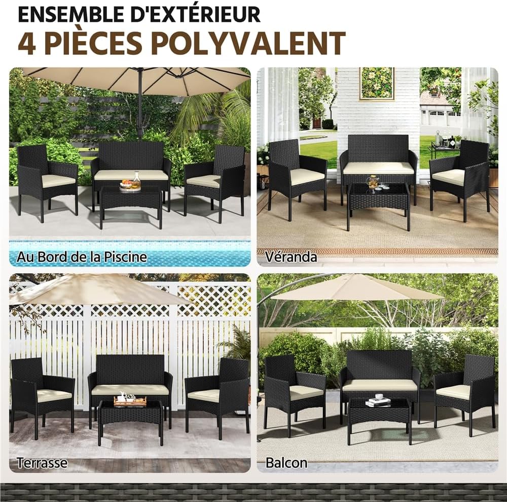 Yaheetech - Salon de jardin 4 places, polyrotin métal, canapé, fauteuils, table, coussins