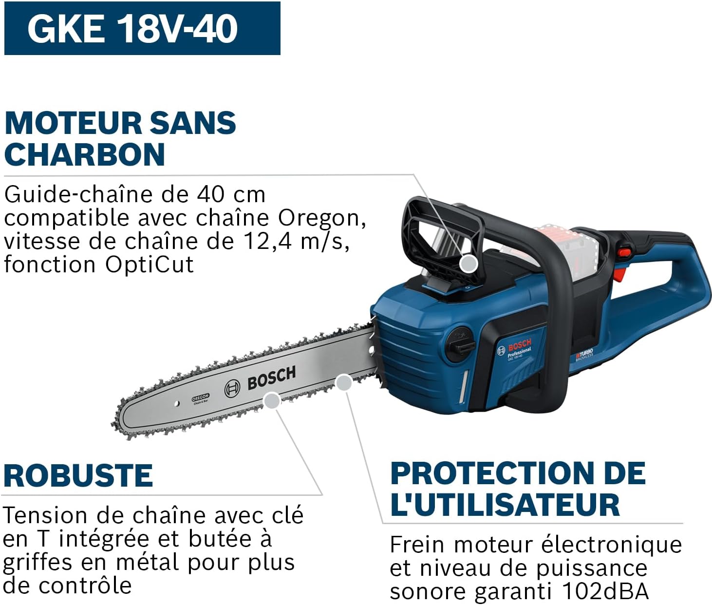 Bosch - tronçonneuse Pro 18V, guide 40 cm, moteur sans charbon, GKE 18V-40