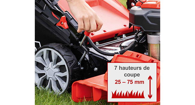Le texte indique « 7 hauteurs de coupe » et « 25-75 mm ». Images rapprochées montrant le mécanisme de réglage de la hauteur sur un équipement rouge.