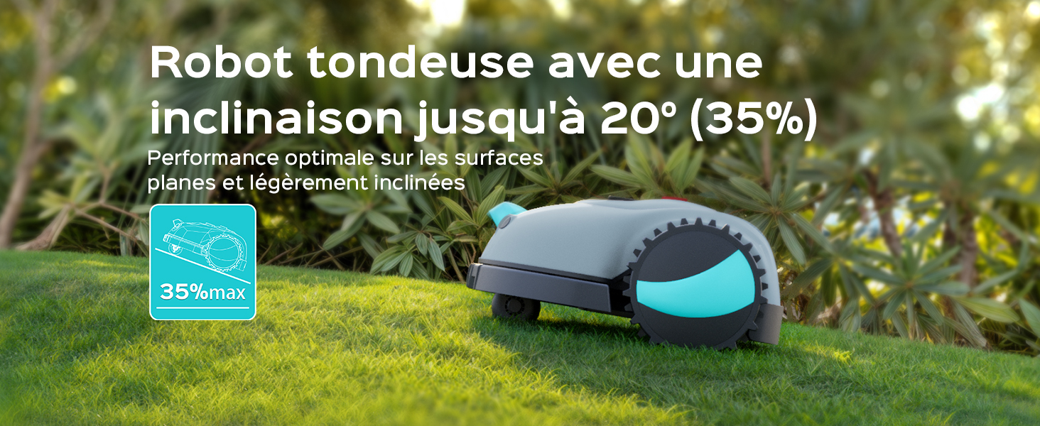 sur gazon, design bleu sarcelle et noir. Le texte indique une capacité d'inclinaison de 20 degrés et une performance de pente de 35 % pour une couverture optimale sur les surfaces inégales