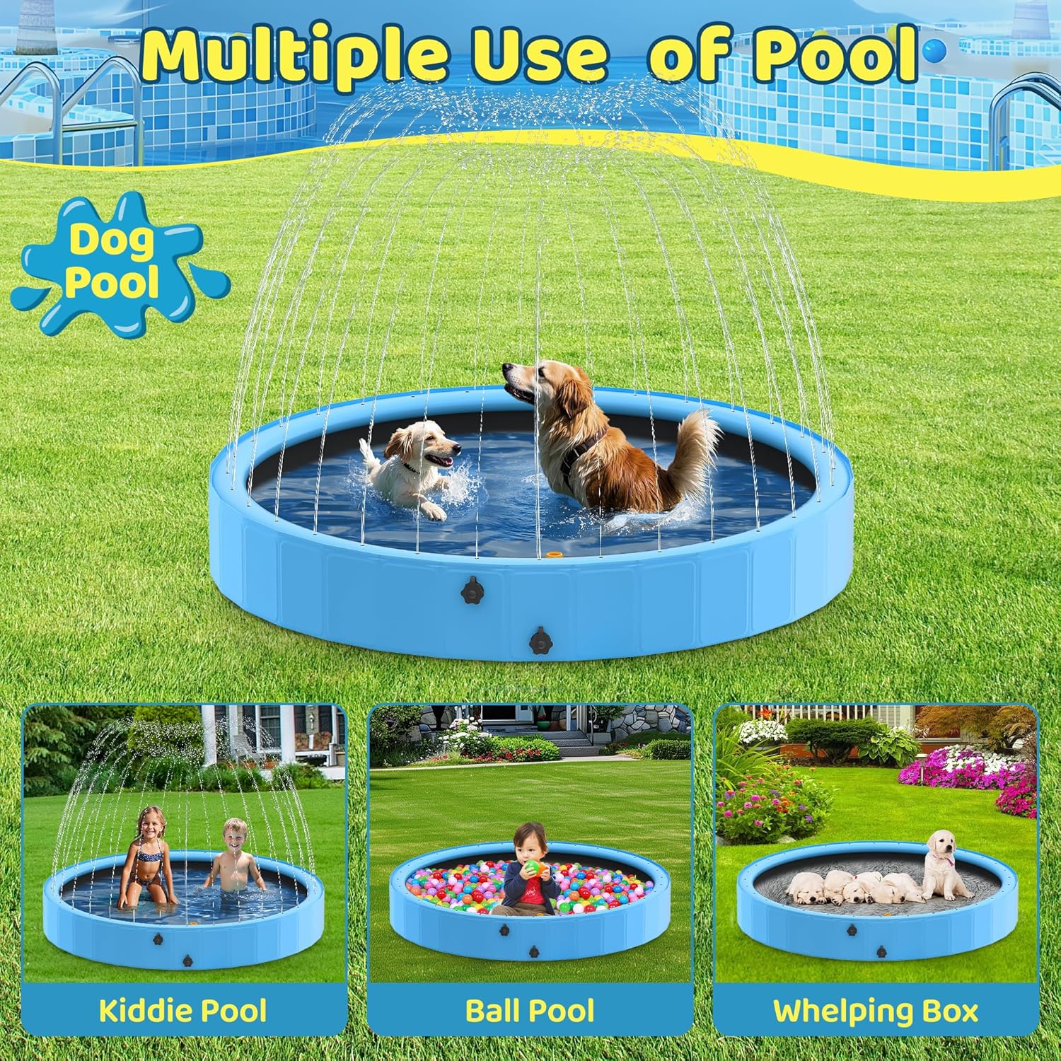 Raxurt - Piscine chien pliable avec sprinkler - 246cm - PVC antidérapant extérieur