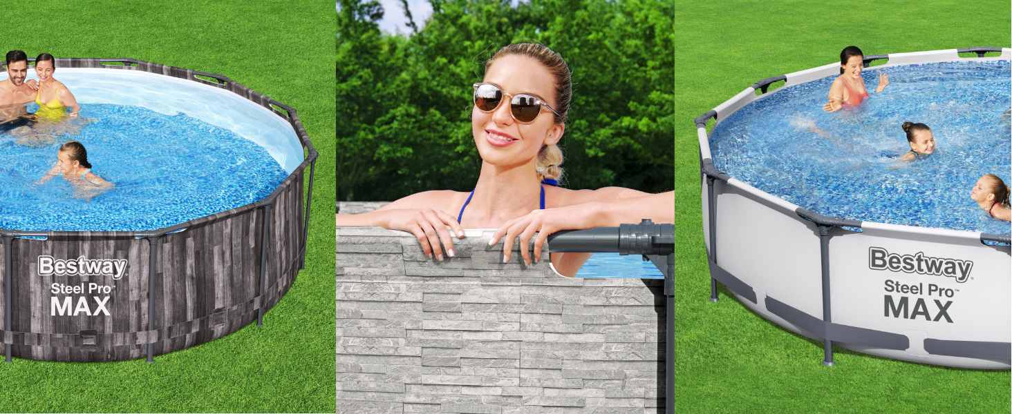 Grande piscine hors sol ronde avec extérieur gris. Trois panneaux montrent une piscine vide, une personne dans la piscine et le côté de la piscine avec la marque « Bestway » visible.