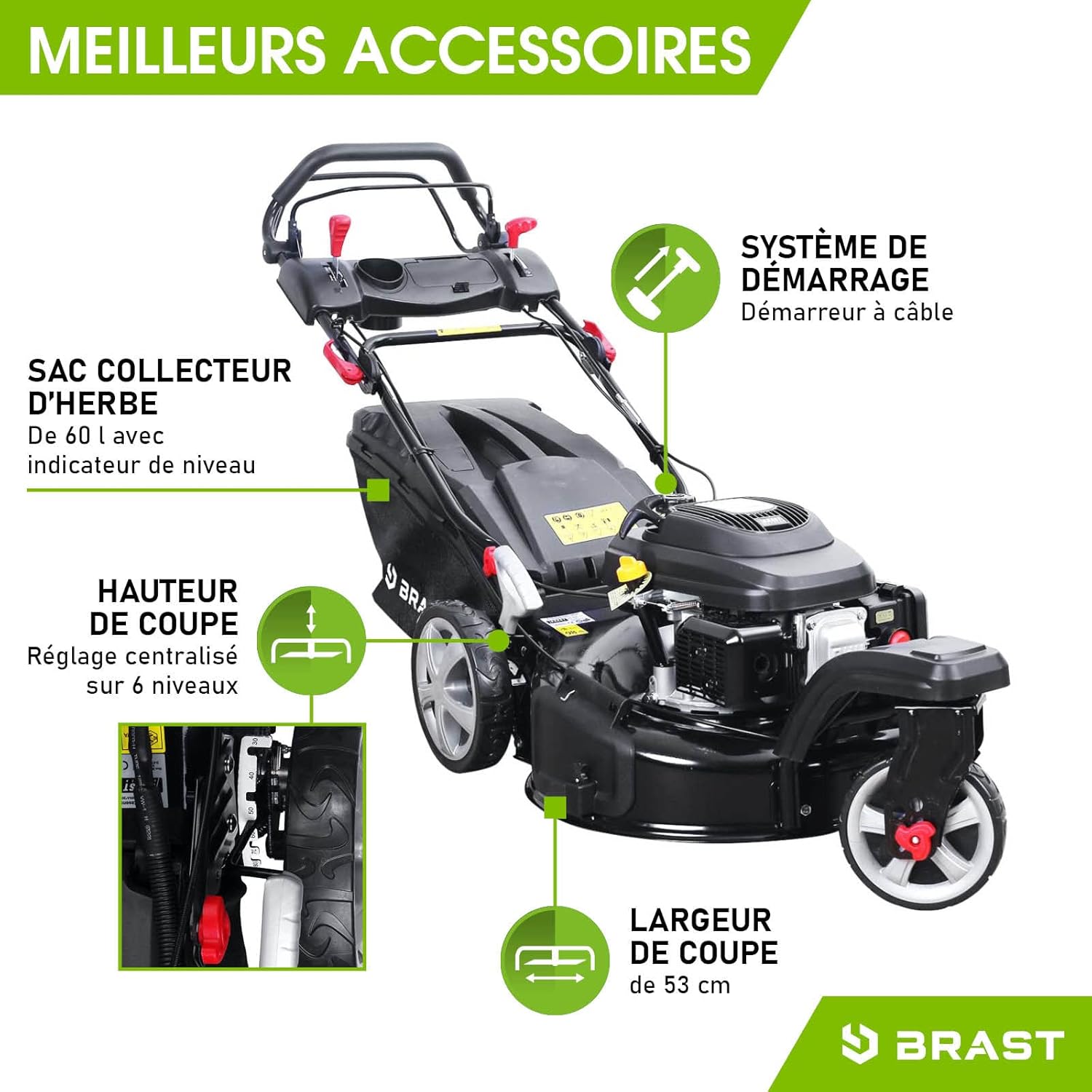 BRAST tondeuse thermique 3 roues TRIKE SPEED 224cc 53cm autotractée vitesse d'entraînement triple réglable mulching 4en1 capot en tôle en acier 60l - tondeuse tractée moteur 4 temps reglable