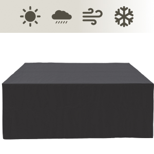 Quatre icônes météorologiques sur une rangée horizontale : symboles du soleil, des nuages, du vent et du flocon de neige. Ci-dessous, un objet rectangulaire noir au fini mat.