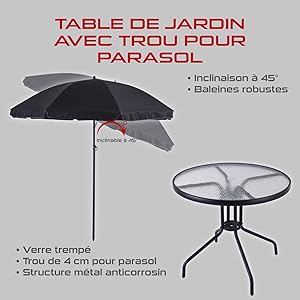 avec trou pour parasol. Les caractéristiques comprennent un parasol inclinable à 45 degrés, un dessus en verre trempé, un trou de parasol de 4 cm et un cadre métallique anticorrosion. Tableau et parasol noirs illustrés.