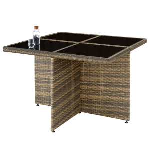 Table d'extérieur carrée moderne avec surface supérieure noire divisée en sections, soutenue par des panneaux texturés en osier ou en rotin formant la base.