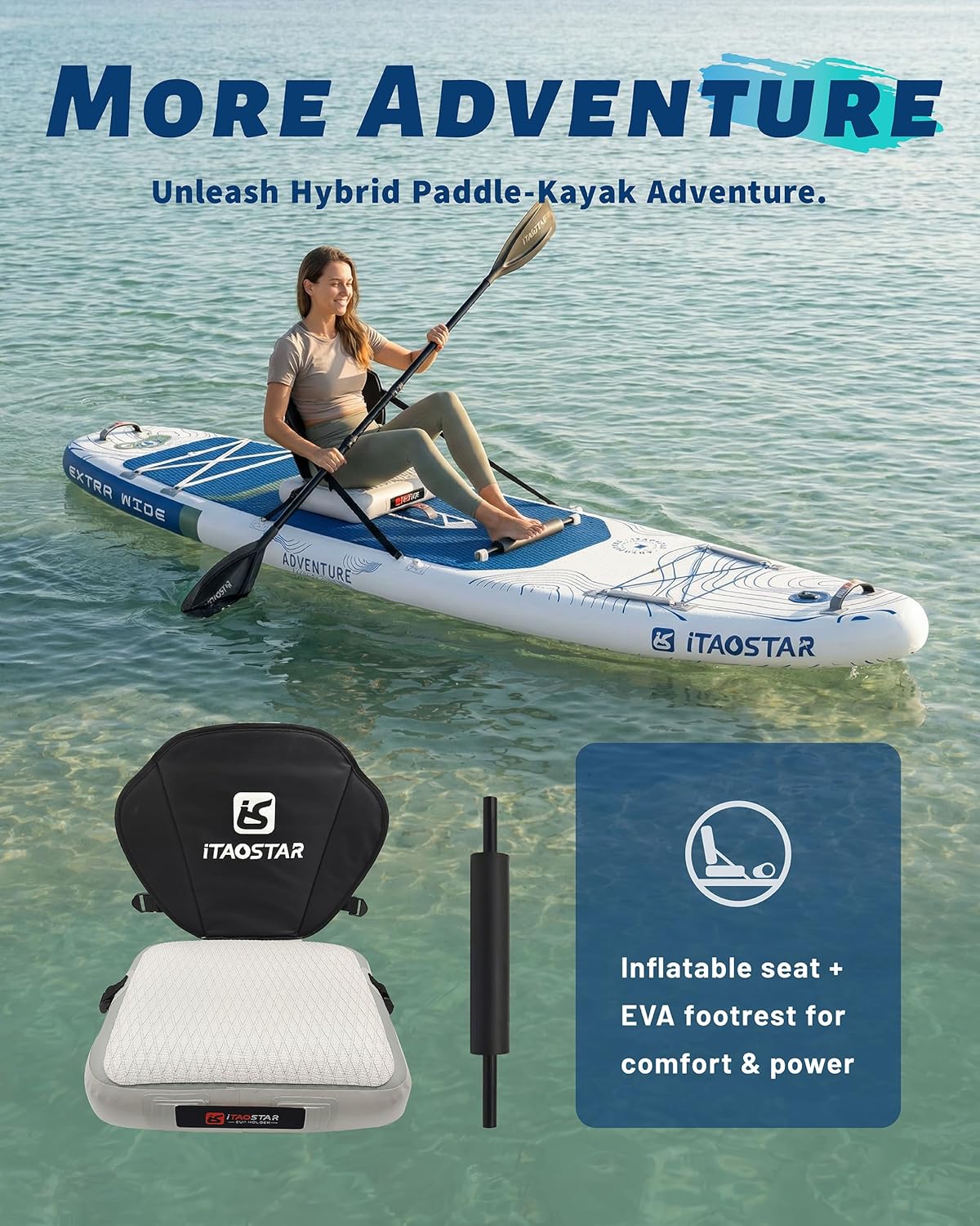 iTAOSTAR Adventure 365×88cm Planche de Paddle Extra Large avec siège, Accessoires Sup Haut de Gamme Tout-en-Un, 5 ailerons sur Mesure, Planches de Paddle gonflables Stables pour Adolescents/Adultes Global Recycled Standard