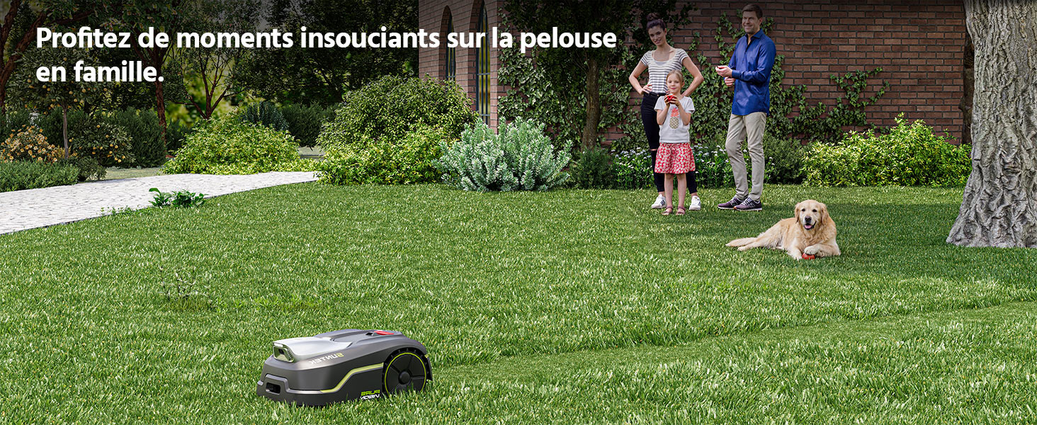 Le texte se lit comme suit : « Profitez de moments inoubliables sur la pelouse en famille ». Montre une tondeuse à gazon robotisée dans un jardin avec des personnes et un chien en arrière-plan.