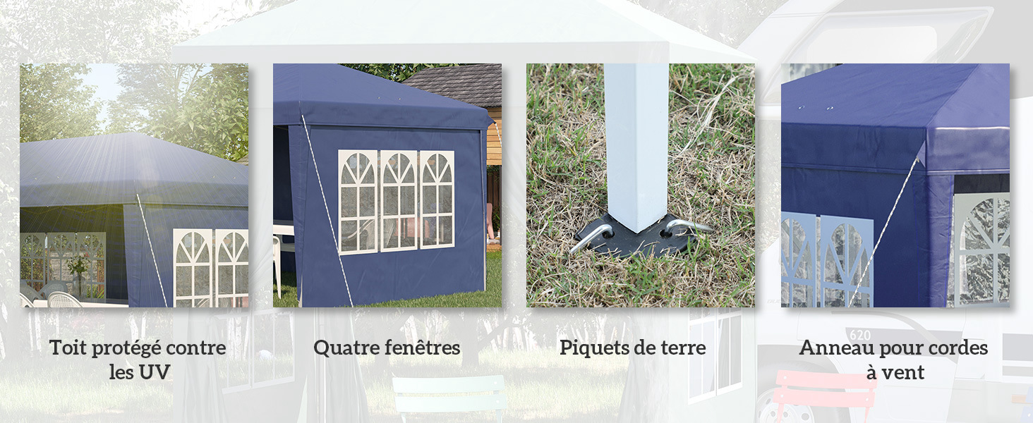 Composants de l'auvent extérieur ou du belvédère : toit protégé contre les UV, quatre fenêtres avec vitres décoratives, piquets de sol et cordons d'ancrage résistants au vent. Le texte français étiquette chaque caractéristique.
