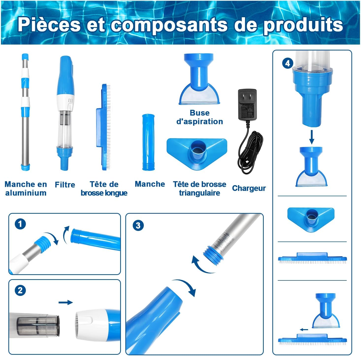 Aspirateur de piscine - sans fil, 90min autonomie, rechargeable, bleu