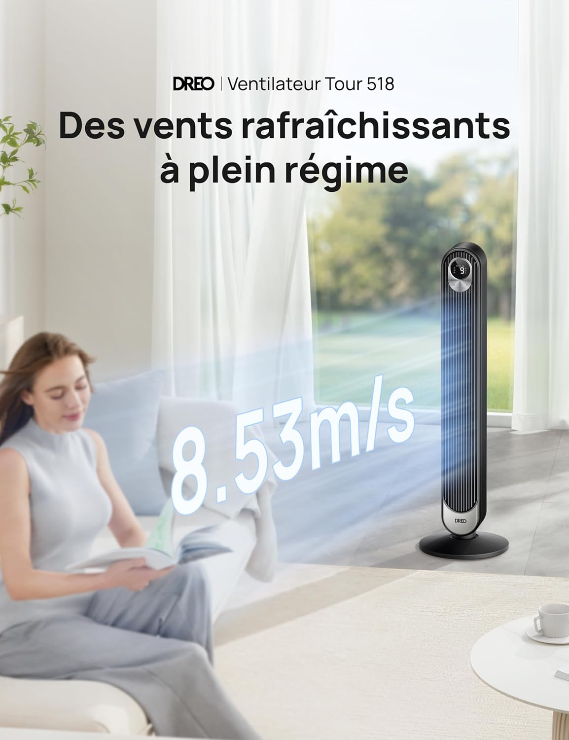 DREO - Ventilateur colonne série 106cm - 9 vitesses, télécommande, oscillation 90°, ultra silencieux