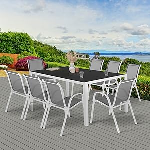 Salon de jardin MADRID table 190 cm et 8 chaises empilables gris et blanc