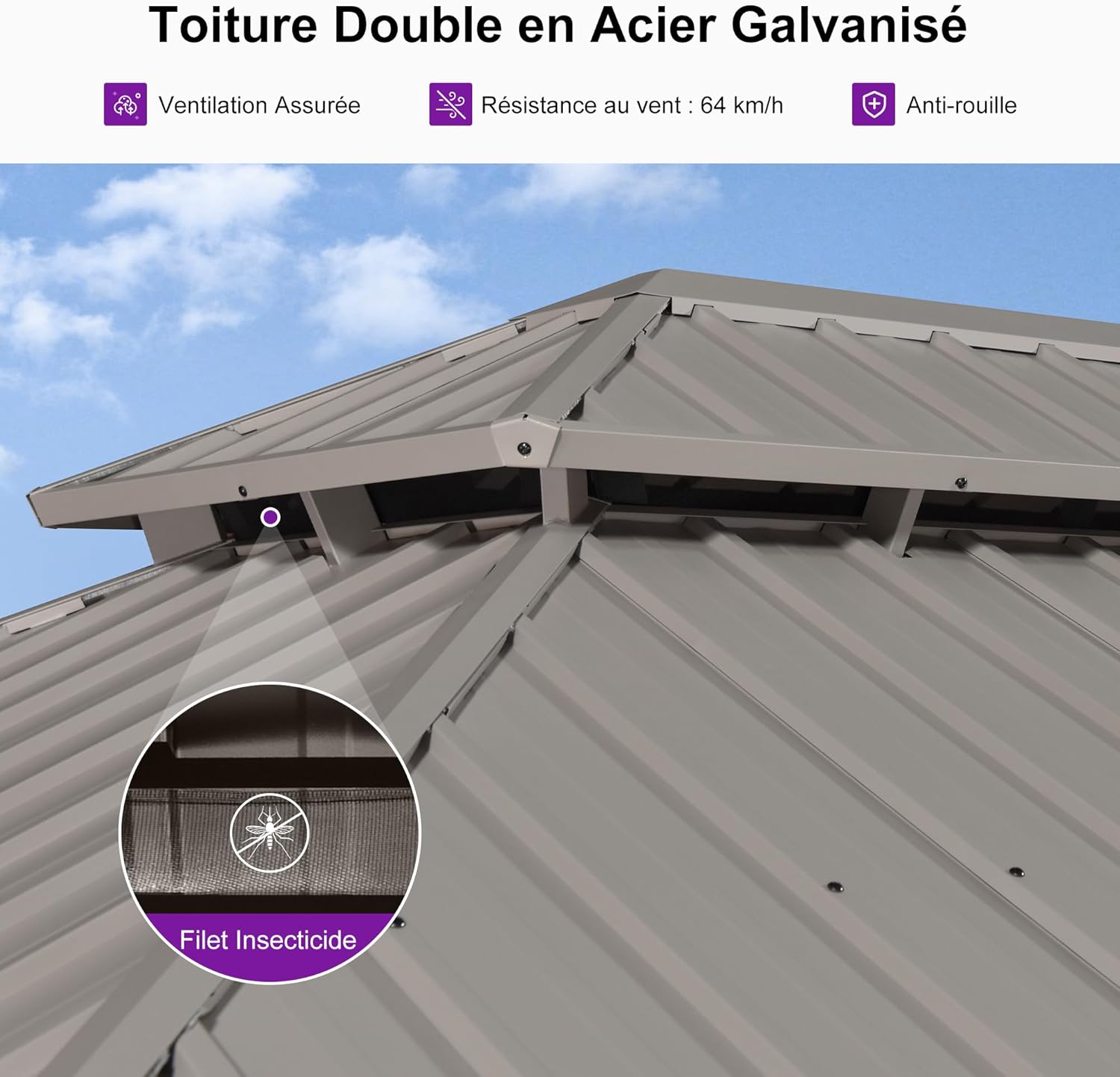 PURPLE LEAF Tonnelle de Jardin Extérieur 3,65 x 3 m avec Éclairage Extérieur, Pergola Aluminium à Toit Rigide en Acier Galvanisé, Pavillon Imperméable pour Camping, Fête, Barbecue, Champagne