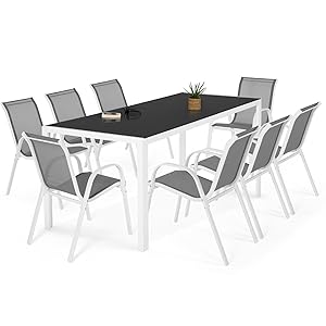 Salon de jardin table 190 cm et 8 chaises empilables gris et blanc MADRID