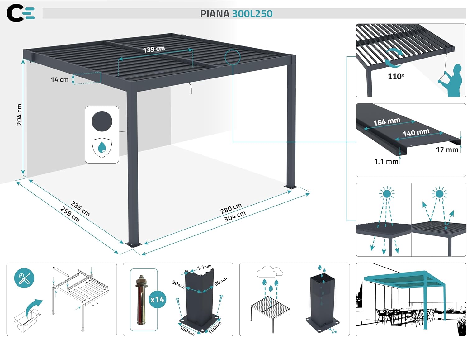 Cazeboo - Pergola Piana 3x2,5m alu gris, persienne brise-vue
