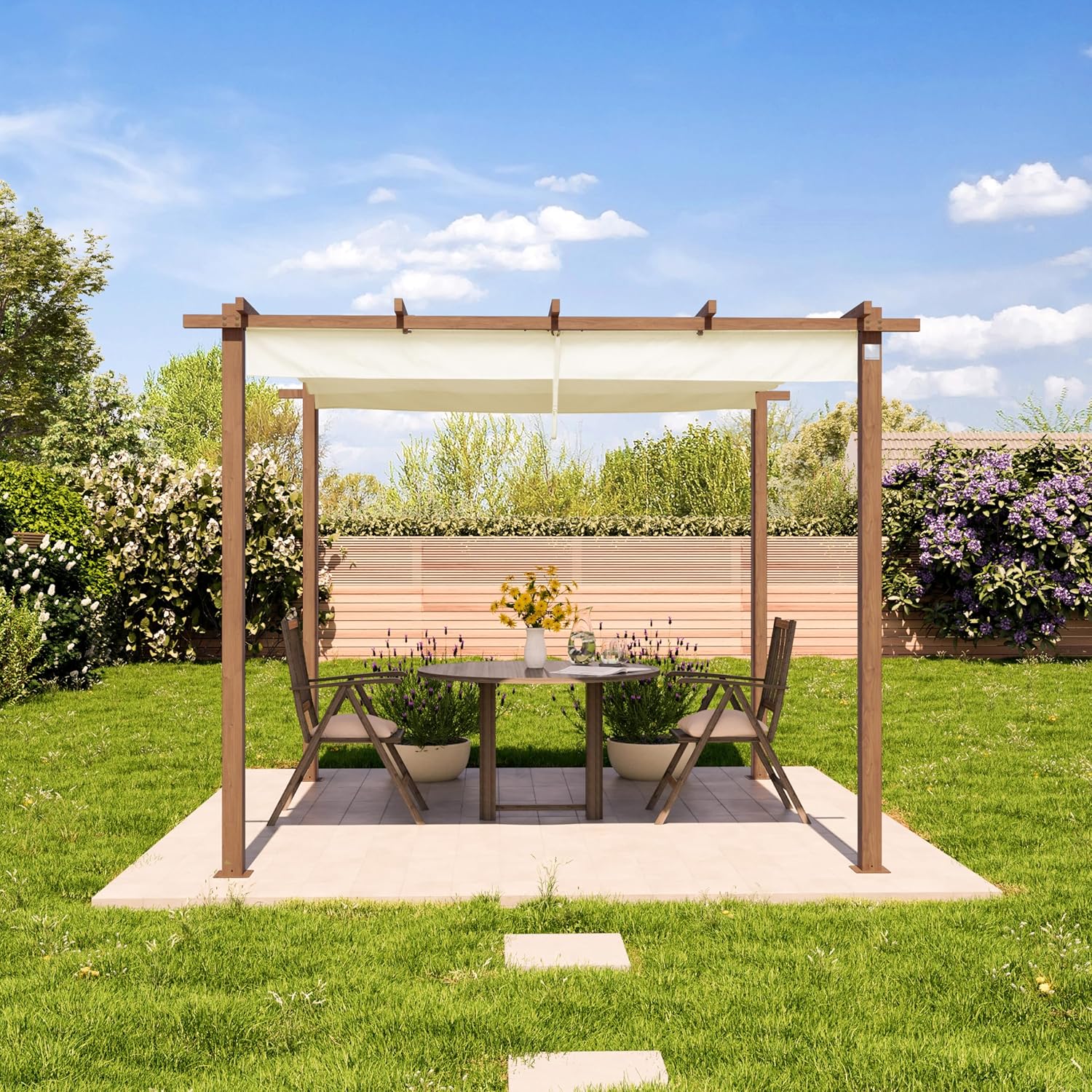PRIMEYARD - pergola toit rétractable - 3x3 m - acier aspect bois
