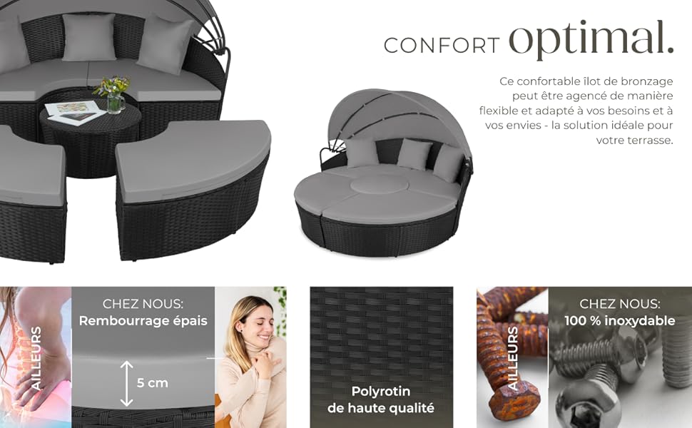 Le texte indique « CONFORT optimal ». Présentation de produits d'un ensemble de mobilier d'extérieur modulaire comprenant un canapé sectionnel incurvé et un pouf rond en matériau tissé foncé.