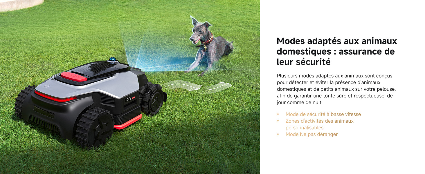 La publicité du produit d'un robot tondeuse à gazon montrant l'appareil sur l'herbe comprend un texte décrivant les caractéristiques et les capacités de tonte automatique.