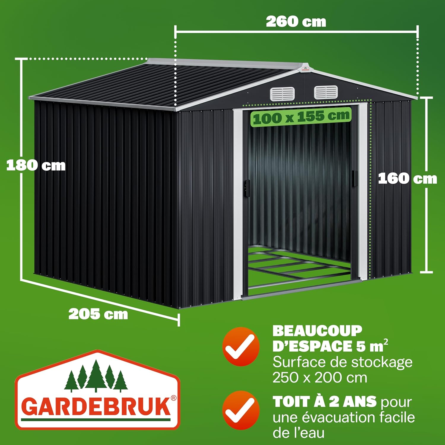 Abri jardin métal XXL - 260x205x180cm - Porte coulissante, fondation, rangement outils -  GARDEBRUK
