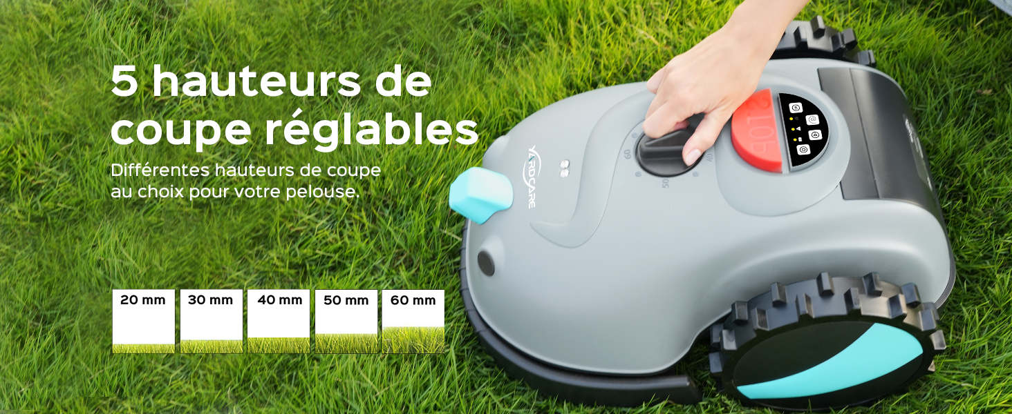sur gazon avec hauteurs de coupe réglables. Appareil gris avec roues noires et accents bleu sarcelle. Le texte indique 5 réglages de hauteur de 20 mm à 60