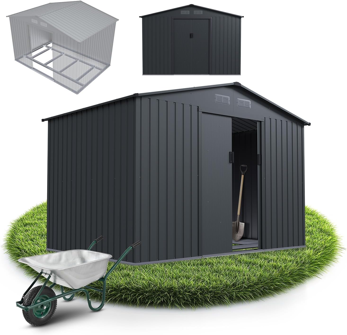 Abri métallique XL - spacieux, porte coulissante, cadre fondation