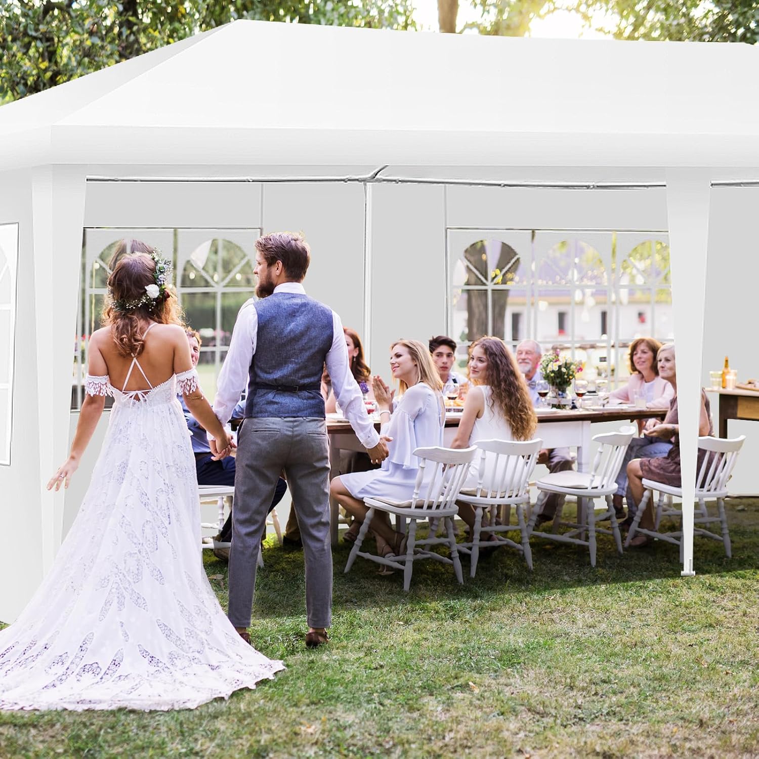 COSTWAY - Tonnelle de Jardin 3x6m avec 4 Murs Amovibles et Fenêtre - Piquets solides, Sac inclus, idéale fêtes et BBQ - 