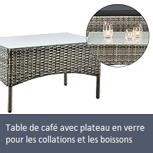 avec plateau en verre pour boissons et collations. L'encart circulaire montre les détails d'un matériau tissé de style rotin