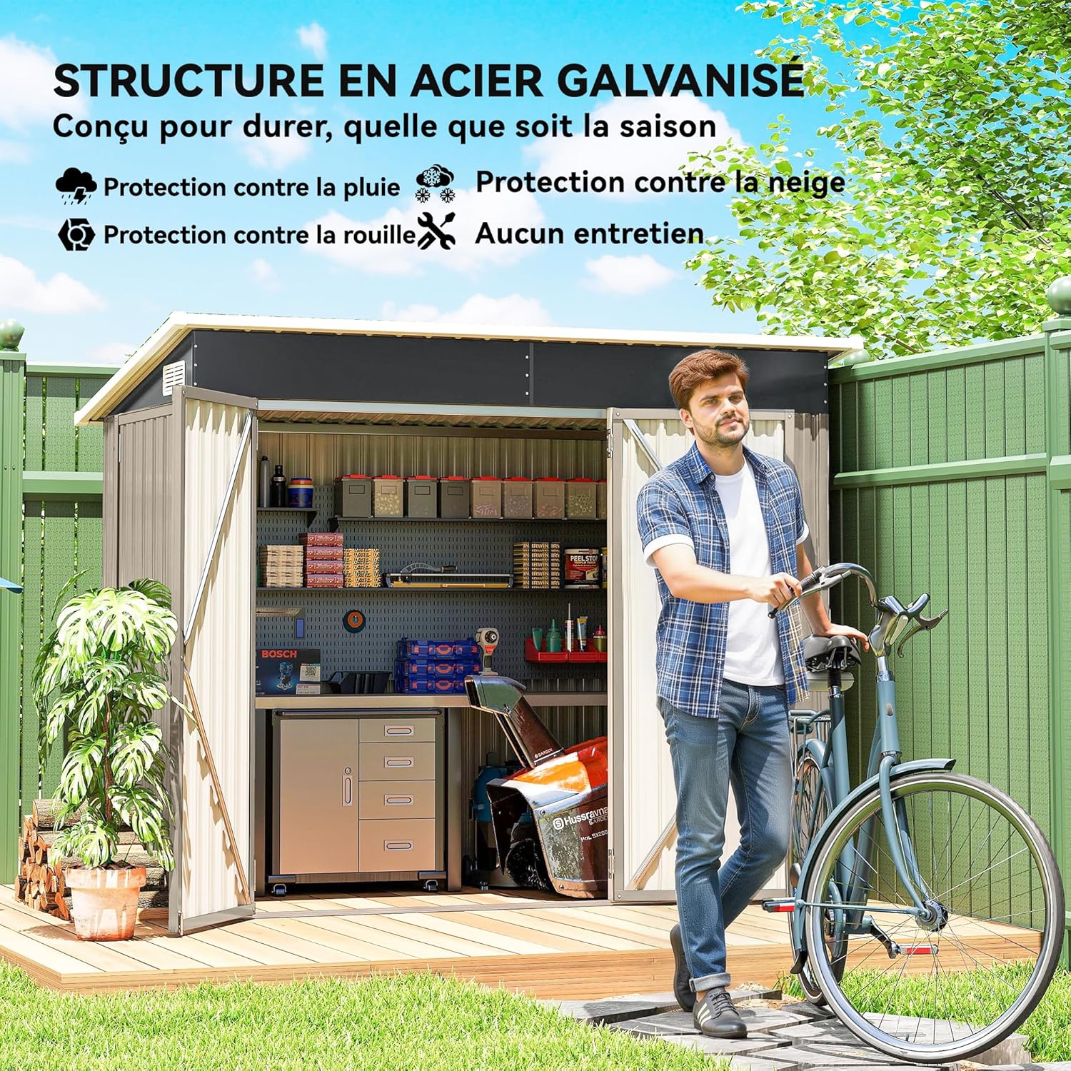 Abri de jardin métal - 234x132x185 cm - triple porte, toit incliné, aérations